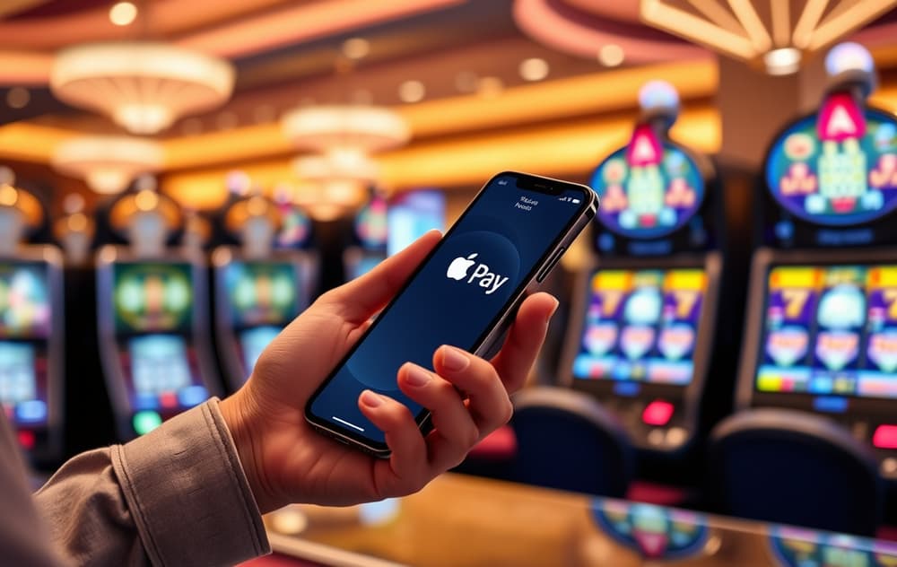 En person som betaler med Apple Pay på mobilen foran et kasinobord