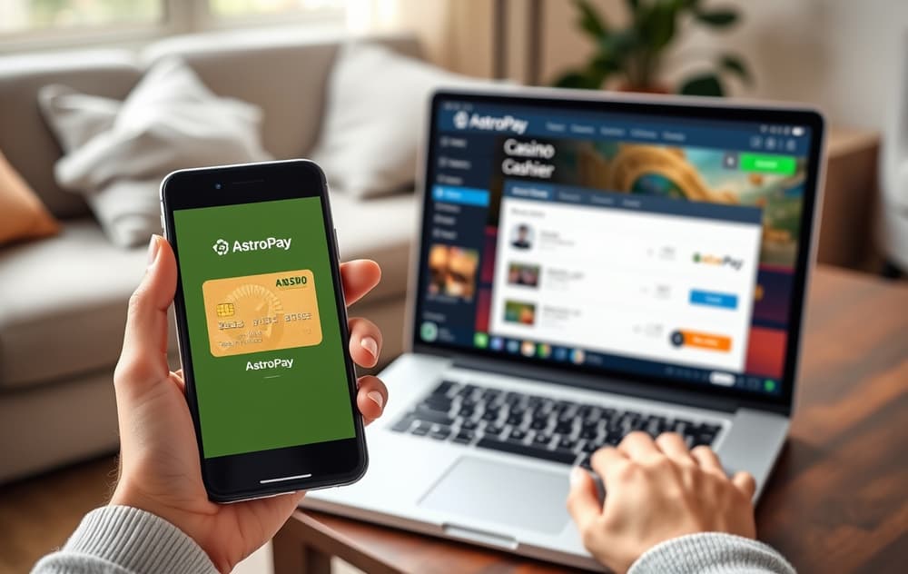 Person med mobil som viser AstroPay-appen, og en laptop med casinoets kasse der AstroPay er valgt.
