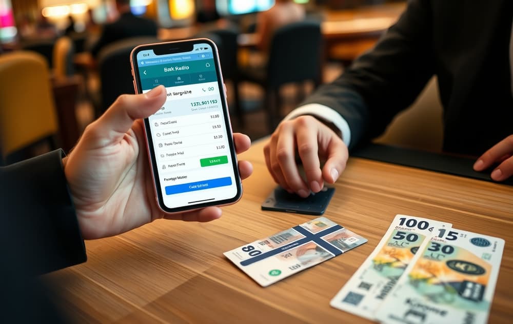 En person som bruker mobilbank for å overføre penger til et casino