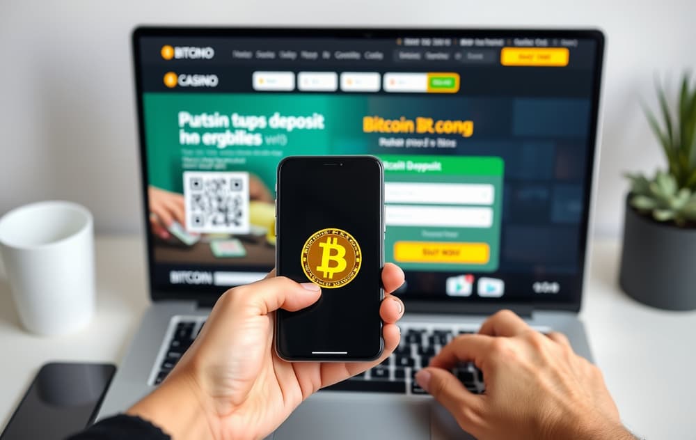 En person som skanner en Bitcoin QR-kode på mobilen foran en laptop med et casino på skjermen
