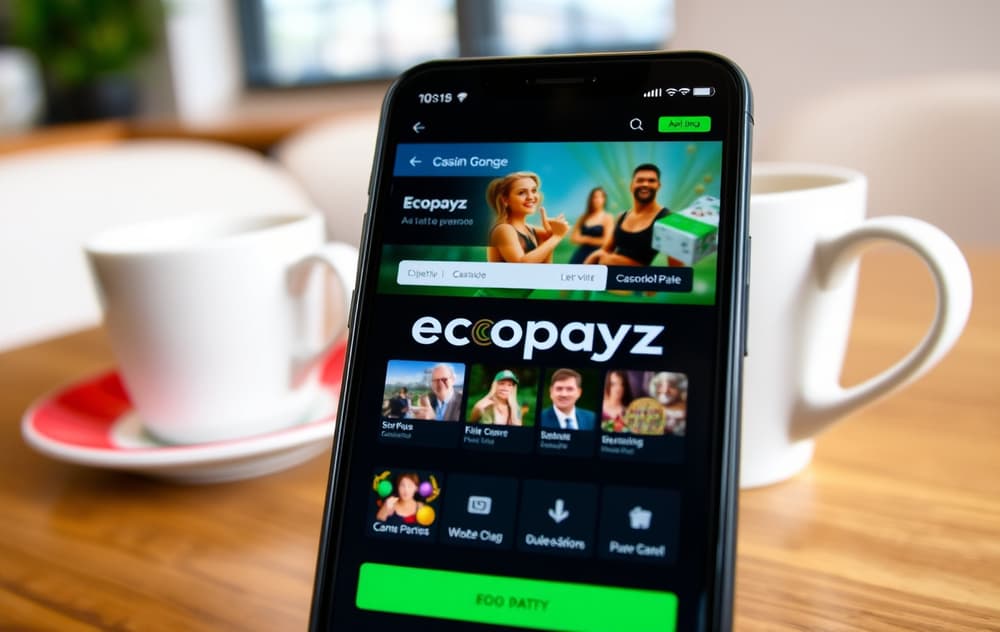 Smarttelefon med Ecopayz-app og casino i bakgrunnen.