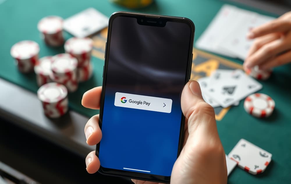 Hånd som holder Android-mobil med Google Pay-knapp på casinoets innskuddsside