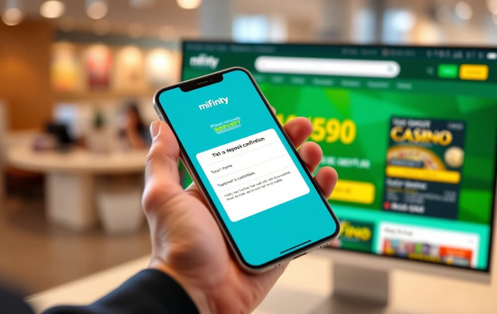 Smarttelefon med MiFinity-appen og casinoinnskudd i bakgrunnen