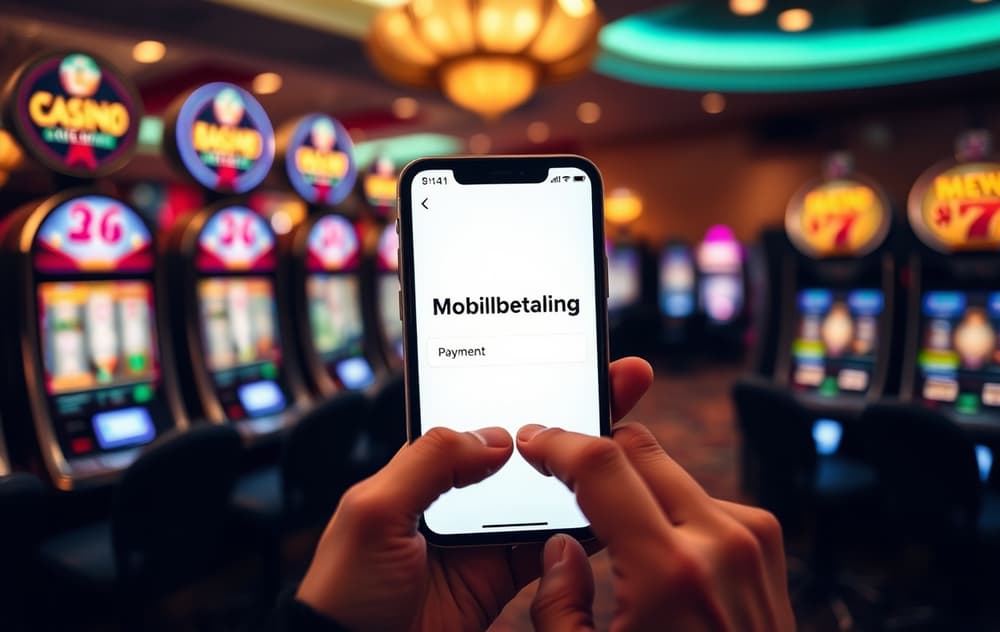 Person som betaler på nettcasino med mobiltelefon