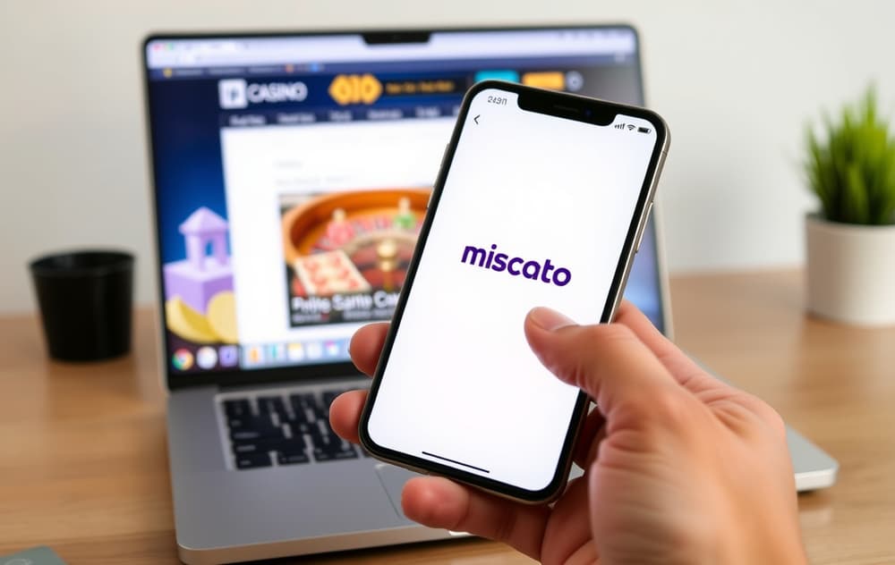 Smarttelefon med MuchBetter-app og casino på skjermen, med debetkort ved siden av.