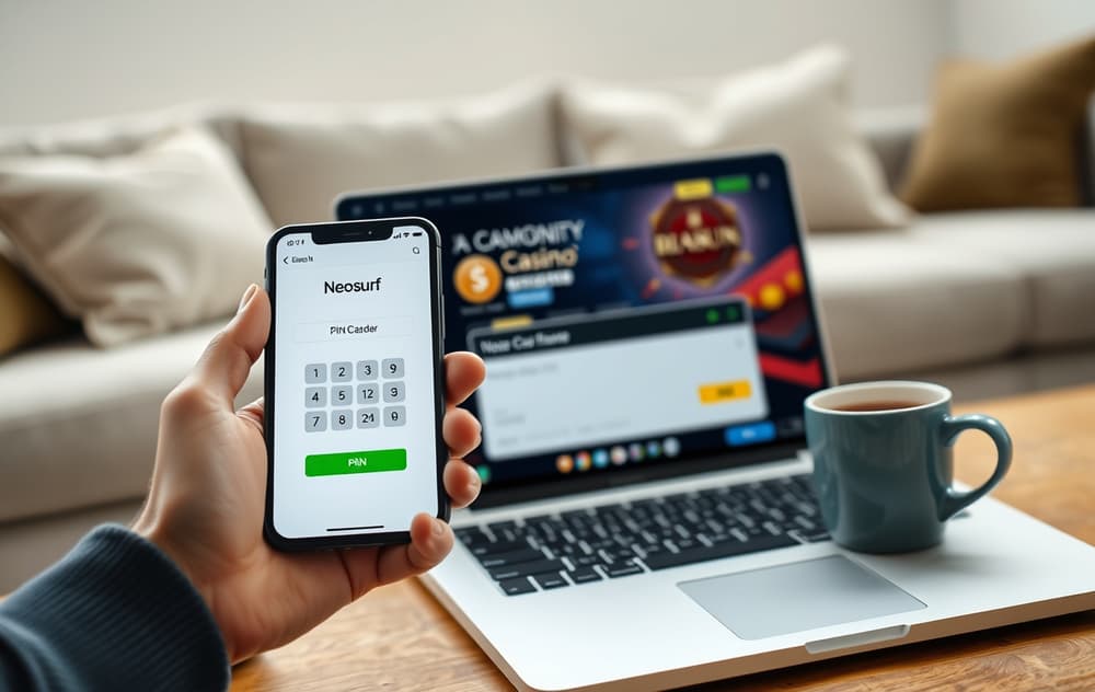 Person med mobiltelefon viser Neosurf PIN-kode ved siden av en bærbar PC med casino-kasse åpen