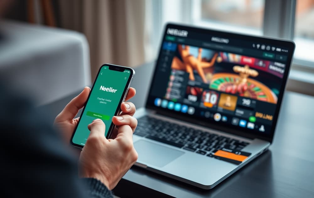 Person med mobiltelefon som viser Neteller-appen foran en laptop med casino