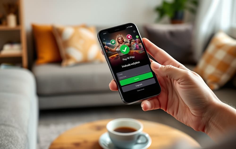 Person som holder en mobiltelefon med bekreftelse på Pay N Play-innskudd på skjermen.