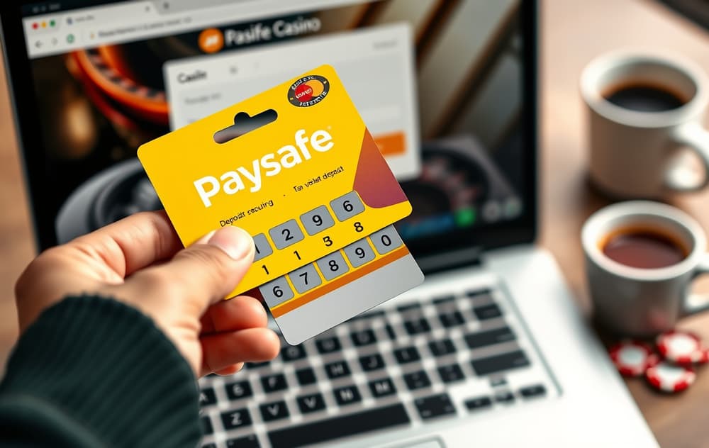 Hånd som holder en gul Paysafecard-kupong foran en laptop med casinoinnskudd