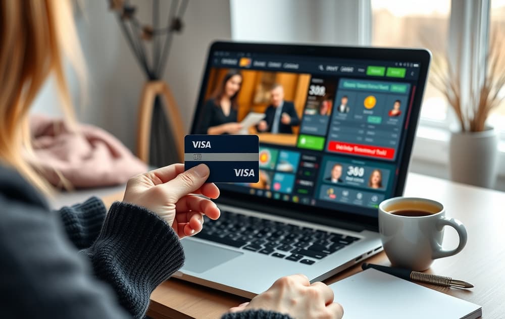 En person holder et Visa-kort foran en laptop med casino-kassen åpen.