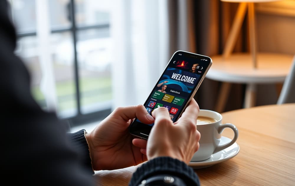En person som holder en mobiltelefon med et casino-grensesnitt synlig på skjermen
