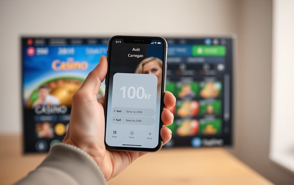 Person med mobiltelefon som viser 100 kr i norsk bankapp, bakgrunn med nettcasino-grensesnitt.