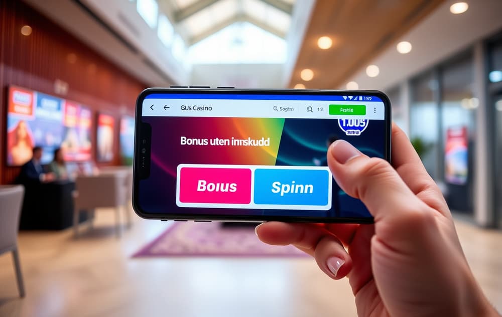 Person med mobiltelefon som viser en casinobonus uten innskudd på norsk