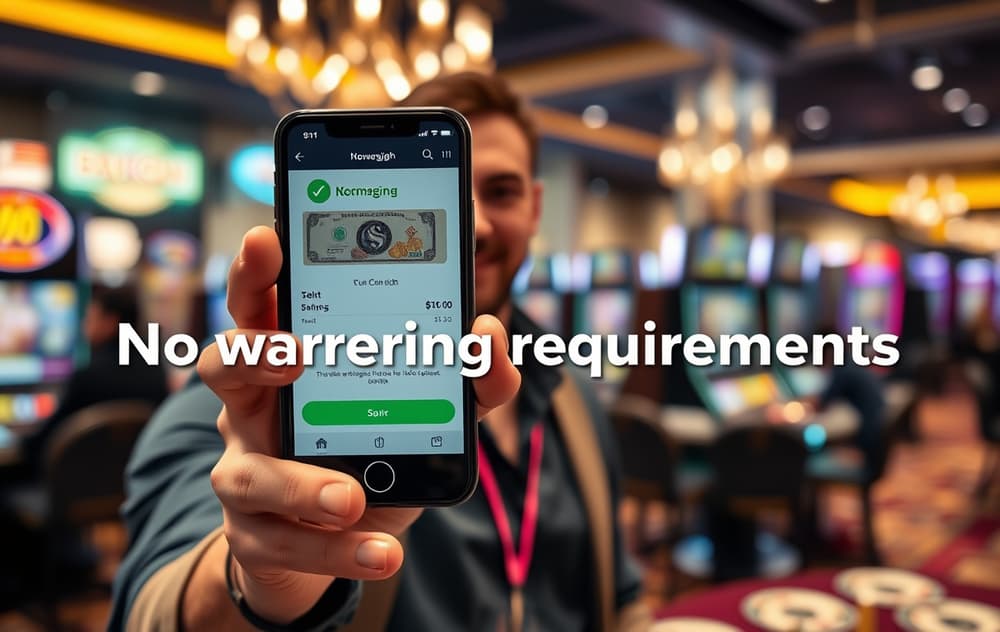 Spiller med telefon som viser uttak av bonus uten omsetningskrav i et moderne casino
