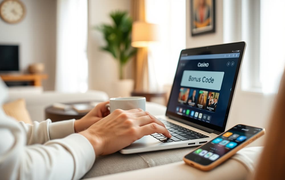 En person som skriver inn en bonuskode på en bærbar PC, med kaffekopp og mobiltelefon ved siden av.