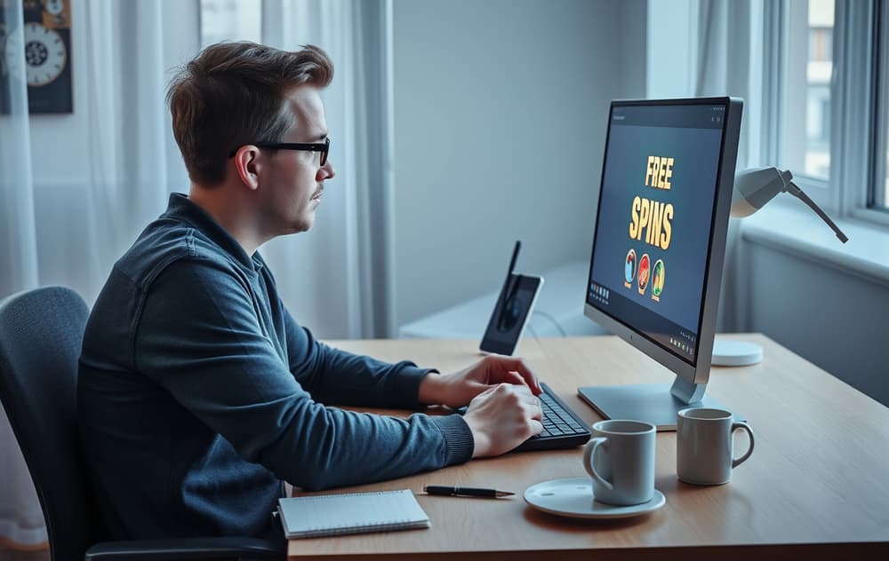 Spiller som leser freespins-vilkår på dataskjerm med kaffekopp og notater ved siden av.