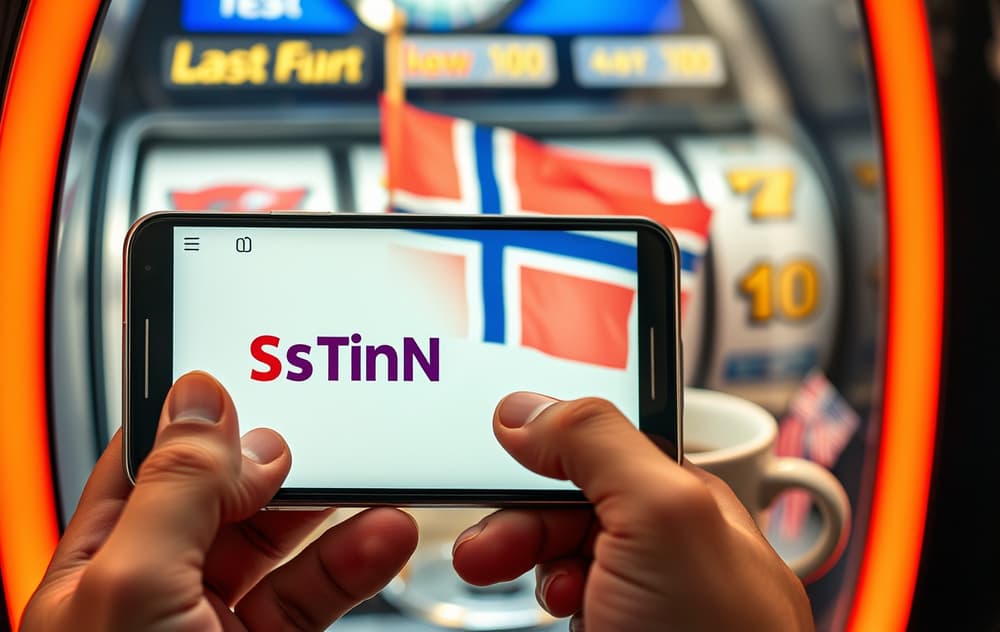 Smarttelefon med gratisspinn-tilbud på en spilleautomat, norsk kontekst.