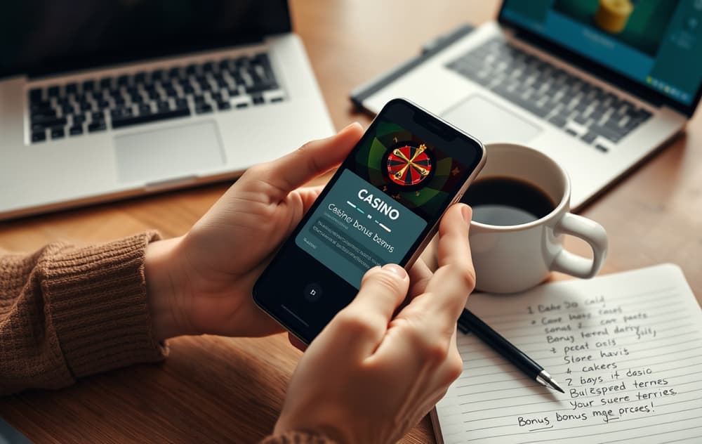 En person leser en casinobonus på en smarttelefon, med notater om vilkår ved siden av.