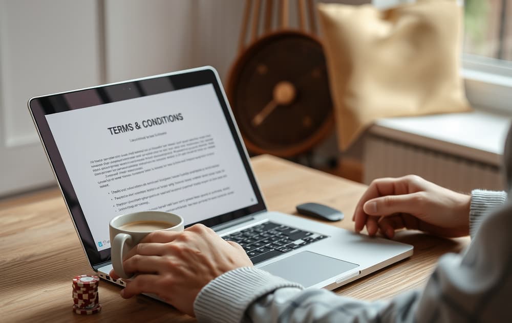 Person som leser bonusvilkår på laptop med kaffekopp og spillebrikker.