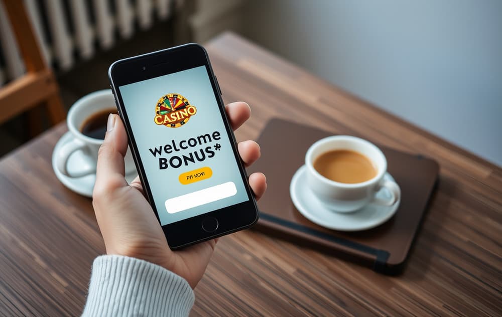 Person som holder mobil med velkomstbonus på skjermen, kaffekopp og notatbok på bordet