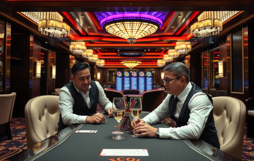 En luksuriøs VIP-lounge på et casino med en personlig vert og en spiller, ingen logoer, redaksjonell stil.
