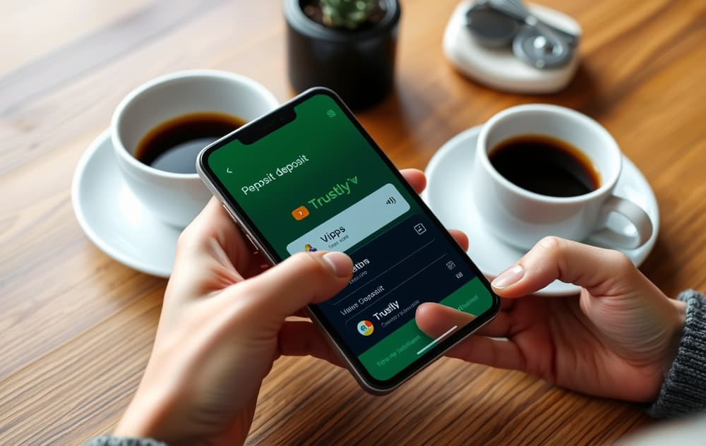 En person som holder en mobiltelefon med betalingsmetoder for casino – Vipps og Trustly synlig på skjermen