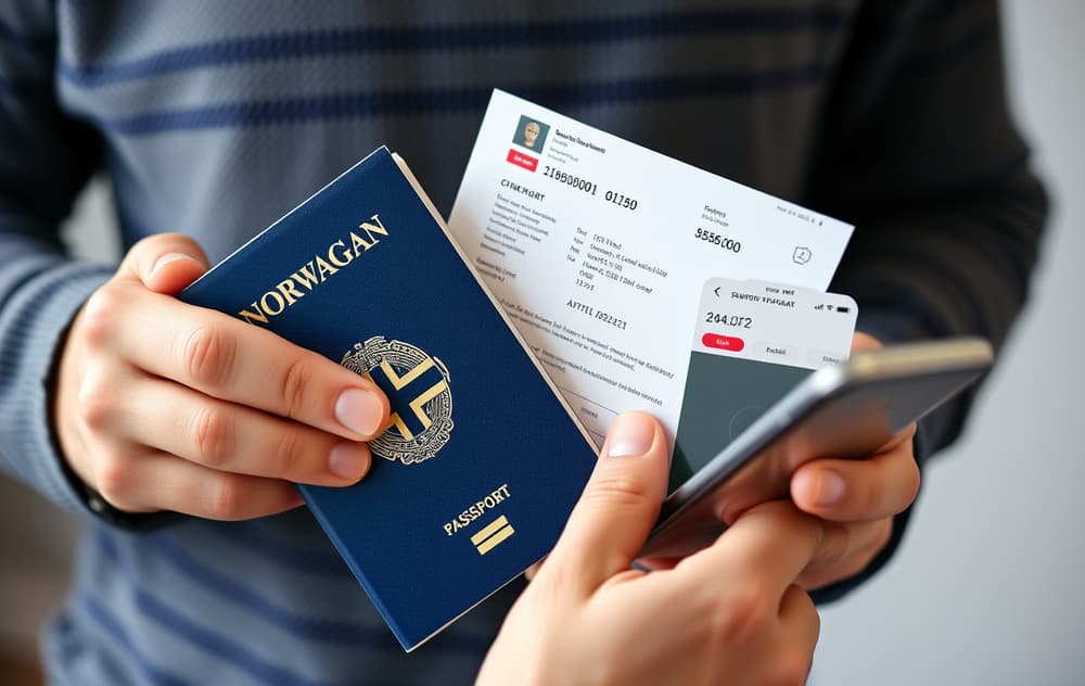 Person som holder norsk pass og strømregning foran en mobilskjerm med verifiseringsgrensesnitt