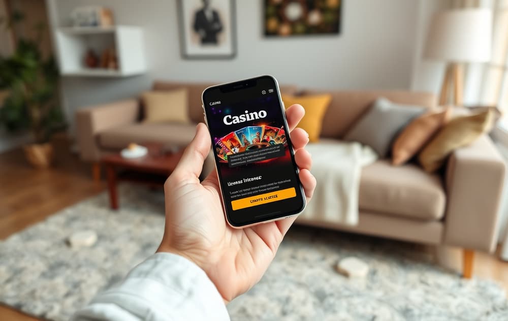 Person som sjekker lisensinformasjon på en casino-nettside på mobiltelefon, med fokus på sikkerhet.