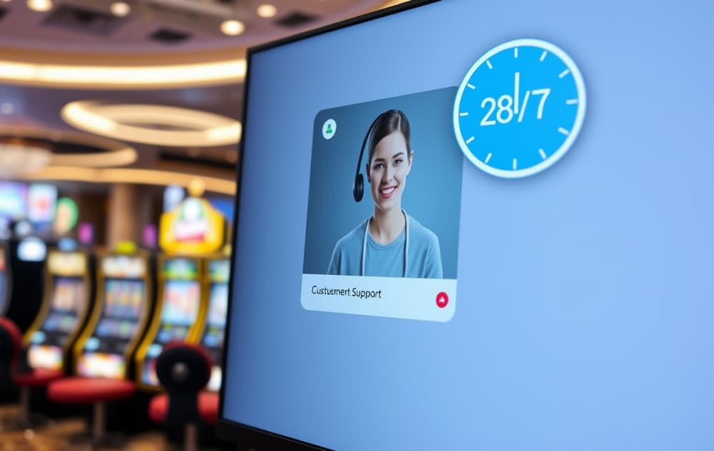 Nærbilde av en dataskjerm som viser et live chat-vindu med kundeserviceagent, norsk flaggikon og 24/7-tilgjengelighet.