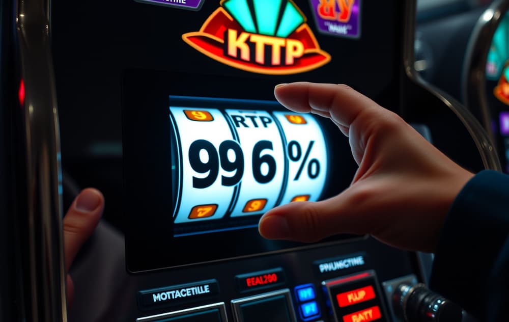 Spilleautomat som viser RTP-prosent på skjermen, med casino-bakgrunn