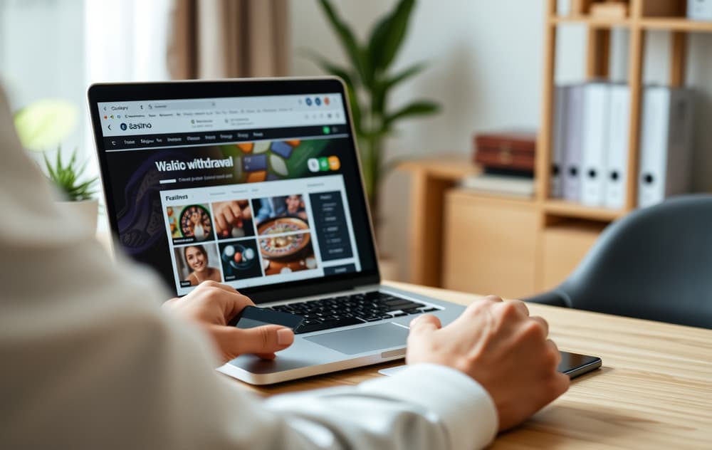 En person sitter ved et skrivebord og ser på en utbetalingsside på en bærbar PC, med kredittkort og mobiltelefon på bordet.