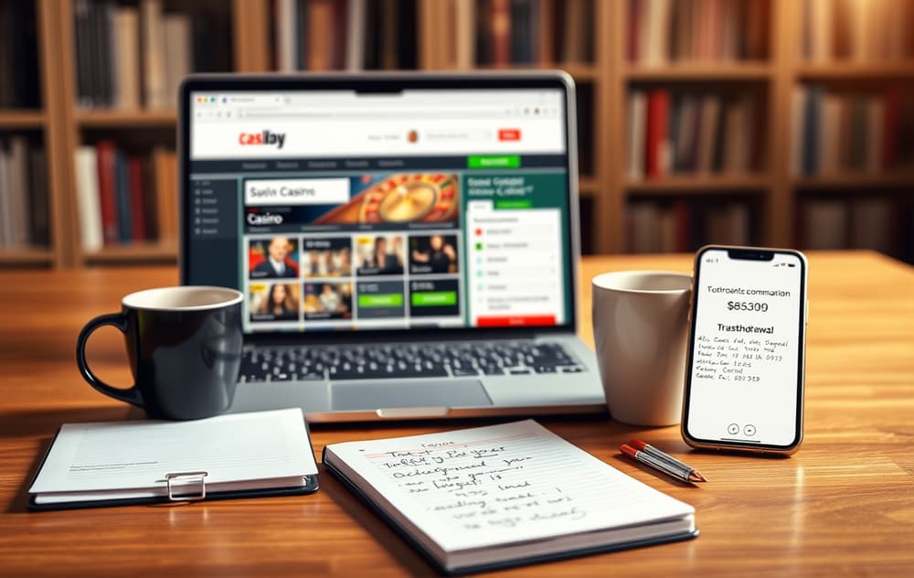 En laptop med en sammenligningsside for casinoer, kaffekopp, notatbok og mobiltelefon med uttaksbekreftelse.