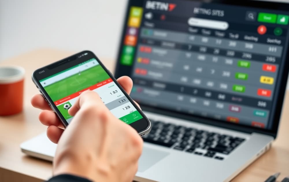 Person som holder en mobil med en odds-app, med en pc i bakgrunnen som viser sammenligning av bettingsider