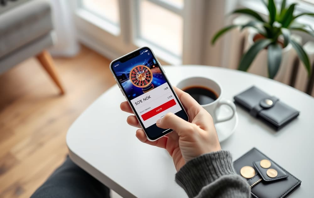 Person med smarttelefon som viser casino-innskudd på 10 kroner, med kaffekopp og lommebok på bordet.