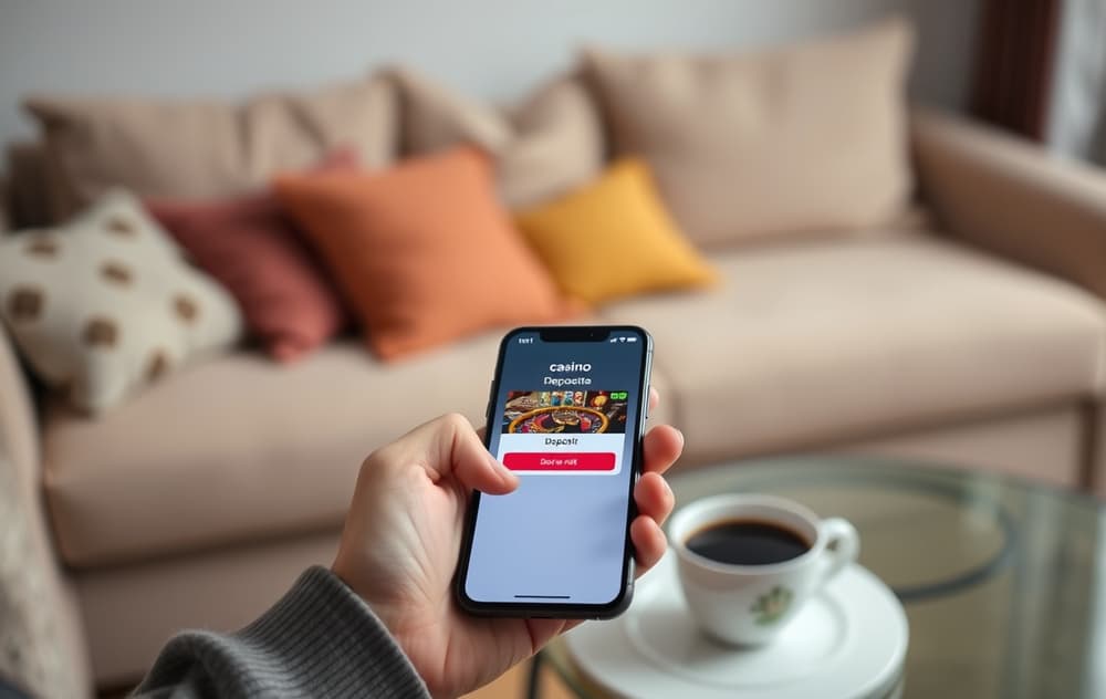 Person som holder mobil med casino-app, lavt innskudd, ansvarlig spilling.