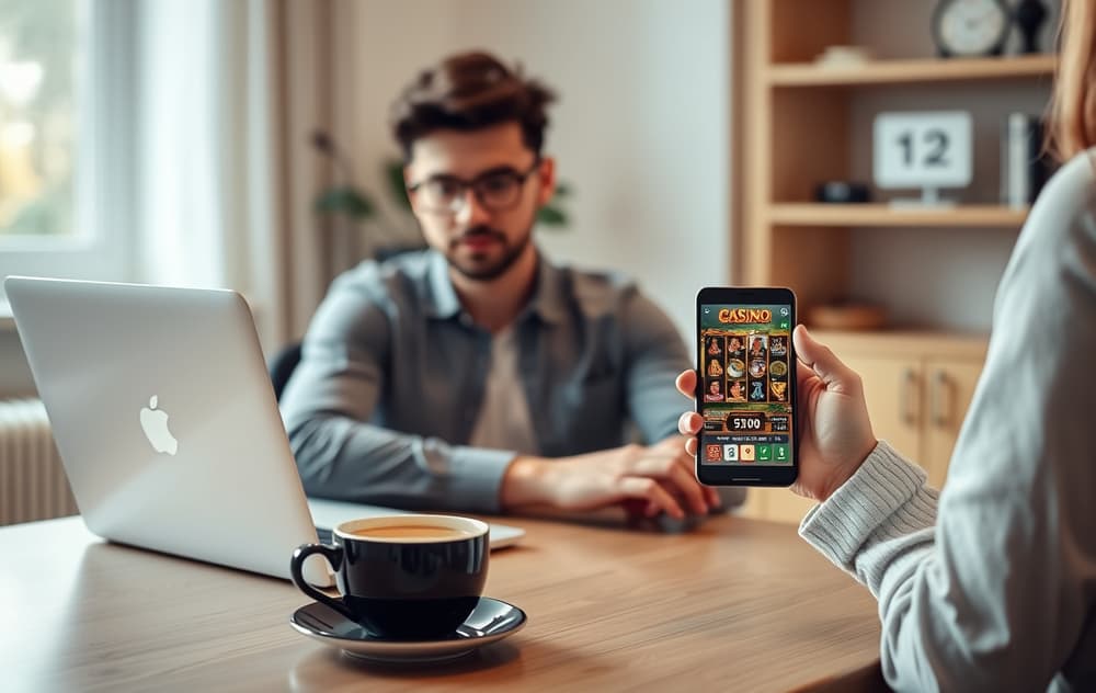 Person som sitter ved et skrivebord og spiller på et nettcasino på en bærbar PC, med kaffekopp og mobiltelefon.