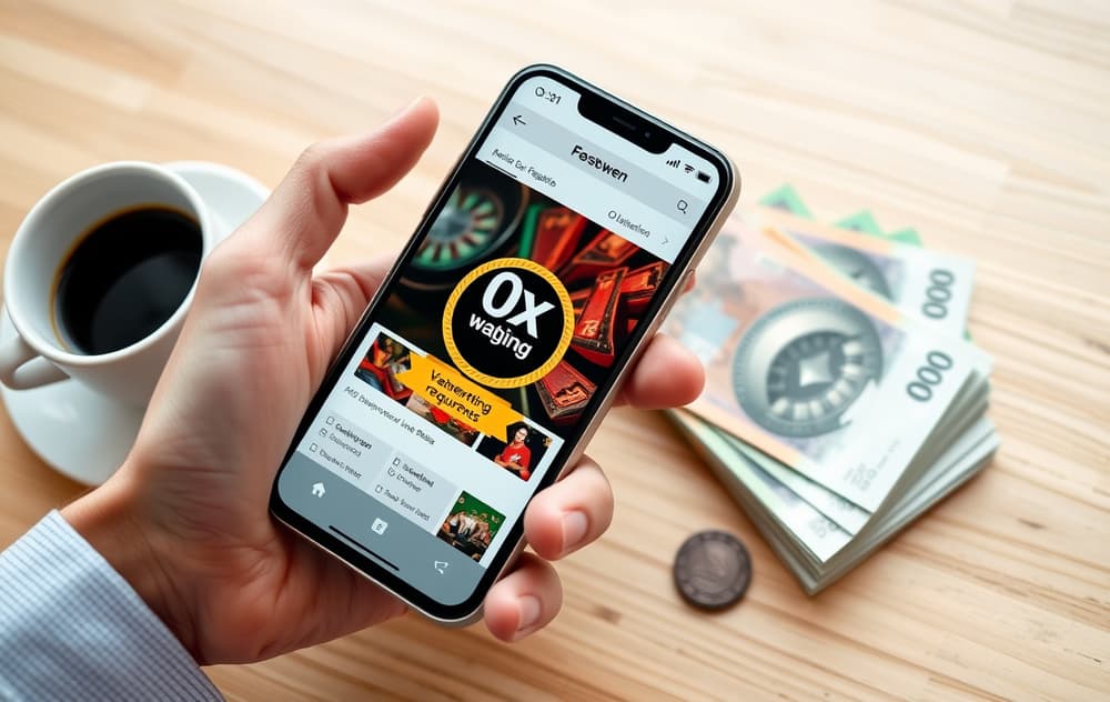 Hånd som holder mobiltelefon med casino-side som viser 0x omsetningskrav, ved siden av norske sedler og en sjetong.