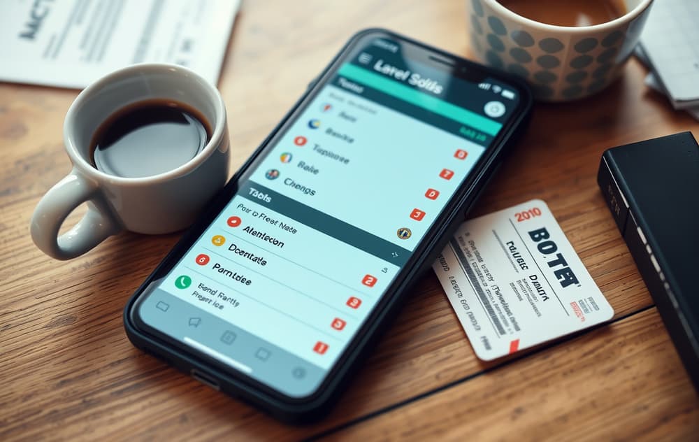 Mobilskjerm med fotball odds og kaffekopp på trebord