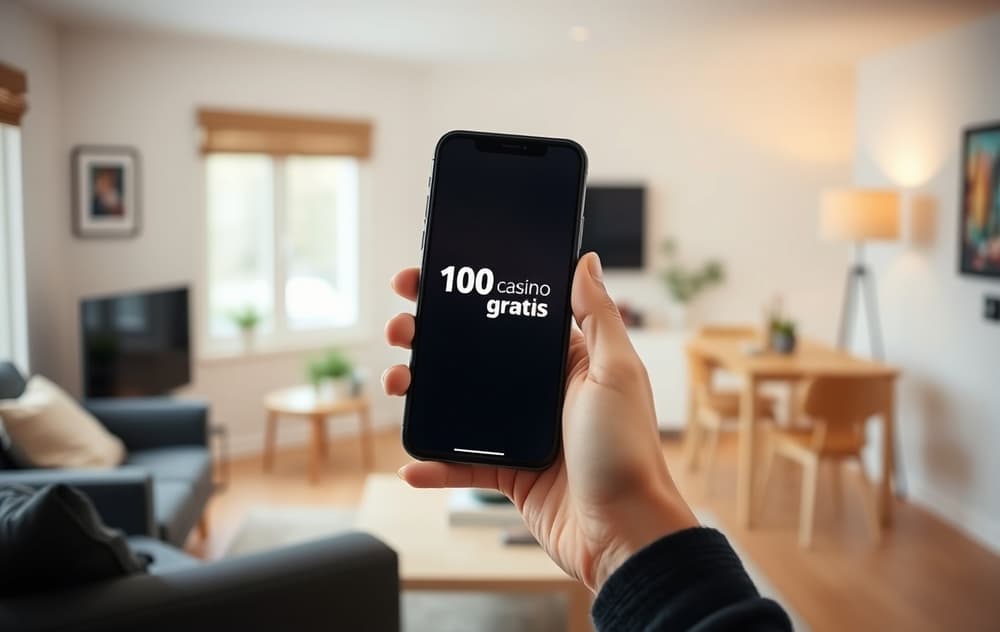 Person som holder smarttelefon med 100 kr gratis casino-bonus på skjermen.