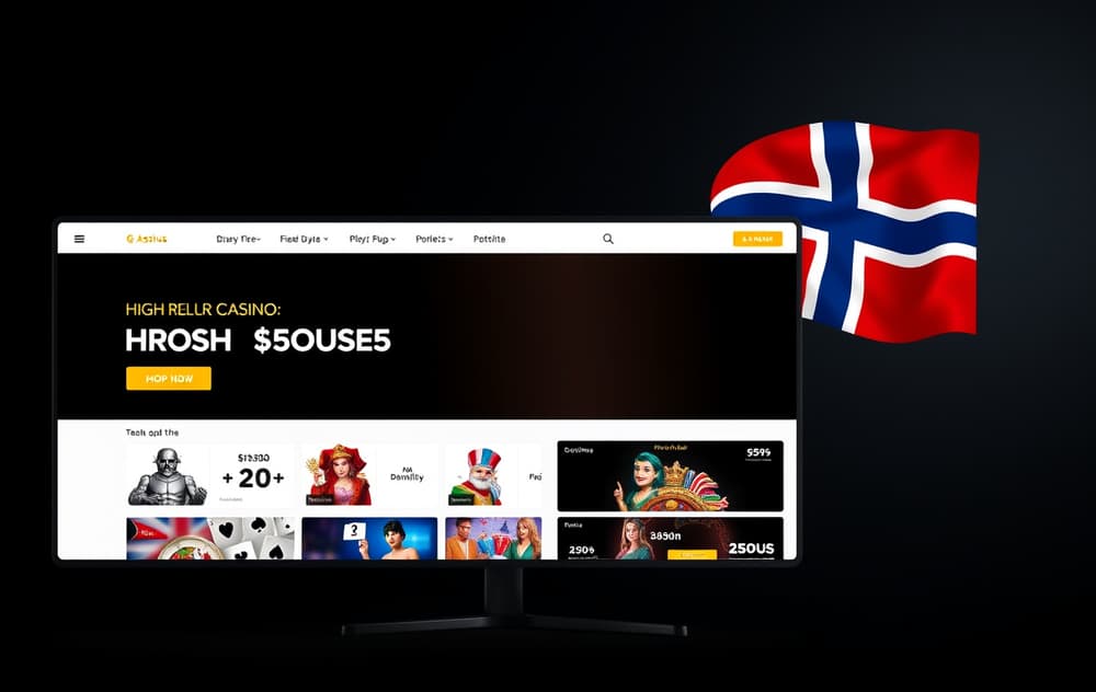 Highroller Casino desktopgrensesnitt med bonus og norsk flagg, luksuriøs design.