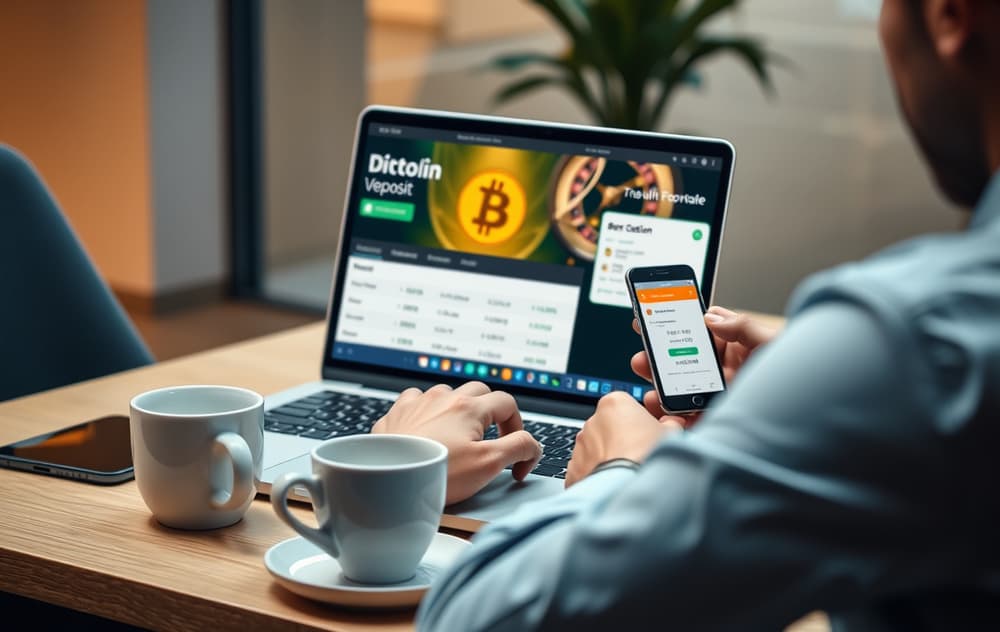 Person som spiller på kryptocasino på laptop med Bitcoin-innskudd