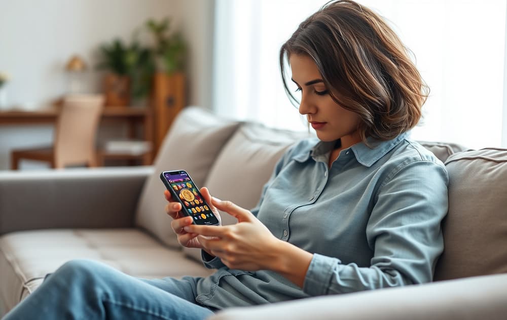 En person sitter i sofaen og spiller casino på mobilen, med et spilleautomater som vises på skjermen