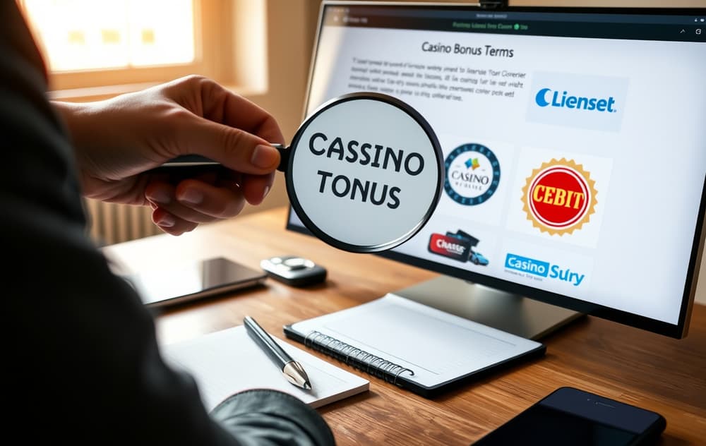 Person som undersøker casino-vilkår med forstørrelsesglass på en dataskjerm