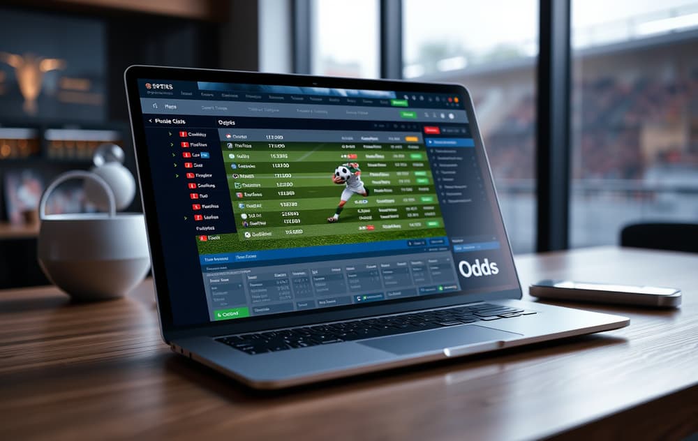 En laptop med et sportsbetting-grensesnitt som viser odds og kamper, med en fotballkamp i bakgrunnen