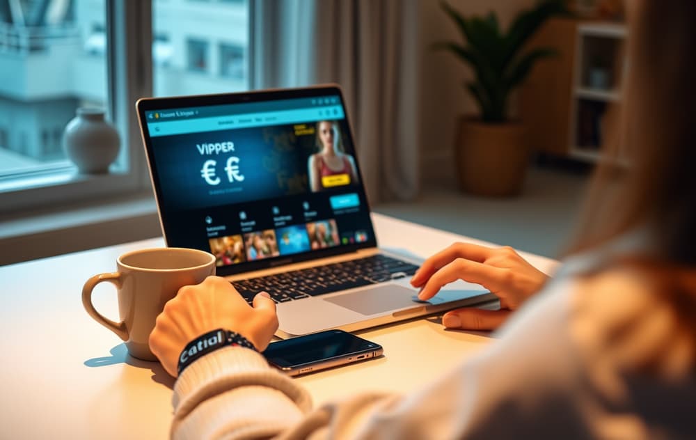 Person ved laptop med casino og Vipps-logo på skjermen