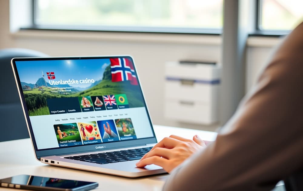 Person som sammenligner utenlandske casino på laptop