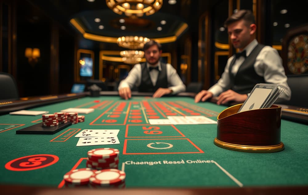 Live baccarat-bord med dealer og kort i luksuriøst casino-miljø.