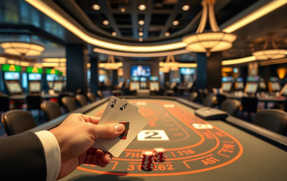 Blackjack-bord med dealer og sjetonger i et moderne casino