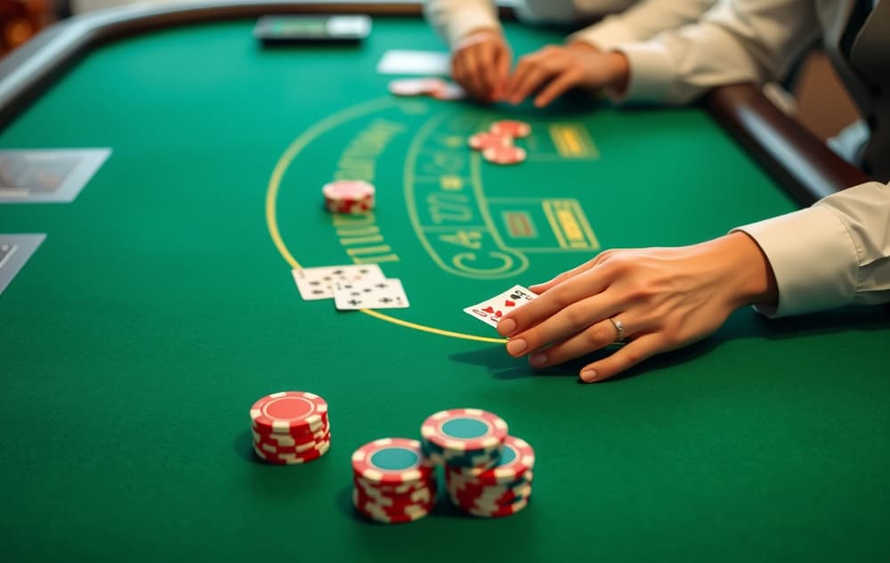 Bordspill blackjack på et casino med grønt bord og sjetonger.