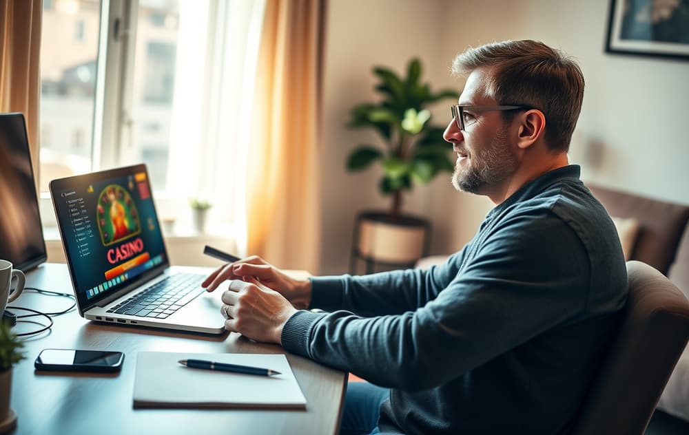 En person i 30-årene sitter ved et hjemmekontor og ser på en bærbar PC med et casinospill på skjermen, med kaffekopp og mobiltelefon ved siden av.